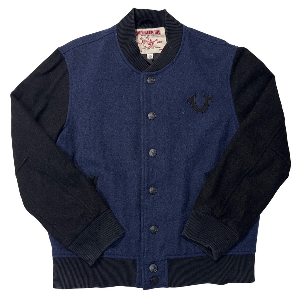 True Religion Men's Varsity Jacket navy blue w/ black sleeves  -‎ Medium